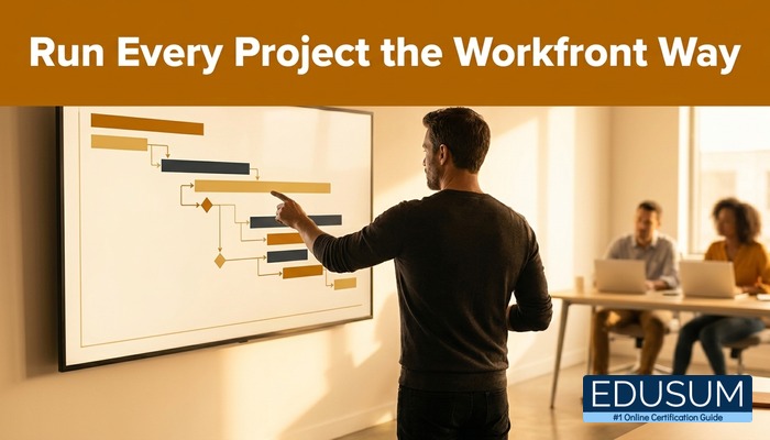Project manager pointing at a project timeline on a wall screen in a studio