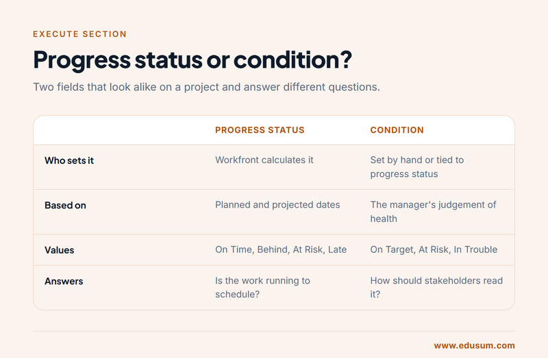 Comparison of progress status and condition on a Workfront project