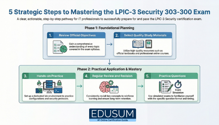Infographic outlining five strategic steps for LPIC-3 Security 303-300 exam preparation, including reviewing objectives, hands-on practice, and using practice questions.