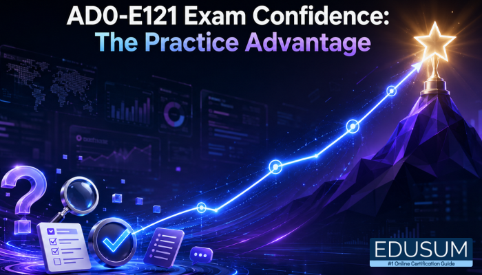 A digital illustration showing an upward trending graph signifying increased confidence from practice exams for the Adobe AD0-E121 certification.