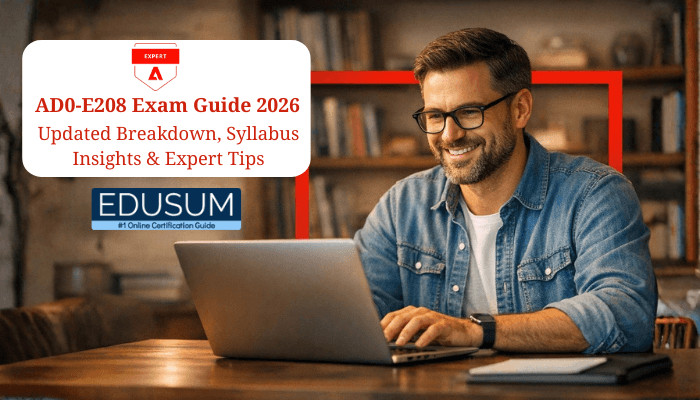 Promotional banner showing a smiling professional working on a laptop with text AD0-E208 Exam Guide 2026: Updated Breakdown, Syllabus Insights & Expert Tips an expert badge, and EDUSUM branding in a modern office setting.
