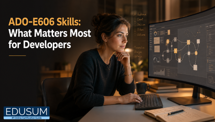 An adult female developer thoughtfully analyzing complex data flows on a curved monitor, representing Adobe AD0-E606 preparation. The scene emphasizes focus and strategic implementation of Journey Optimizer concepts.