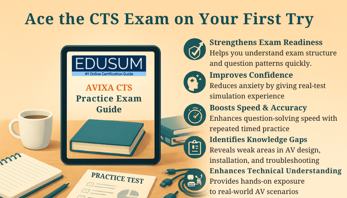 Infographic titled ‘Ace the CTS Exam on Your First Try’ showing a tablet with AVIXA CTS Practice Exam Guide and five benefits of practice exams, including readiness, confidence, speed, identifying gaps, and technical understanding.