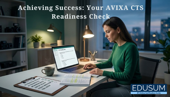 Promotional image titled Achieving Success Your AVIXA CTS Readiness Check showing a focused professional studying at a desk with a laptop, notes, and checklist in a softly lit evening workspace.