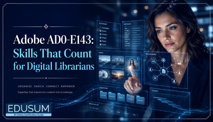 A woman working with a holographic AEM DAM interface, reflecting the Adobe Experience Manager Digital Librarian Professional (AD0-E143) skills. Her face is focused on the data and metadata displays.
