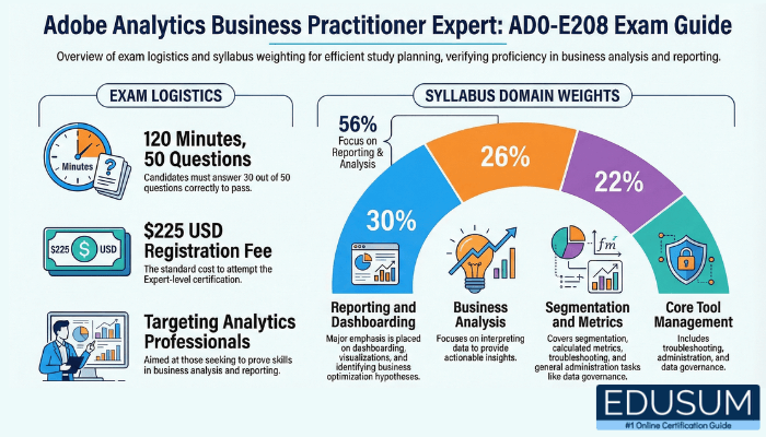 Infographic titled Adobe Analytics Business Practitioner Expert: AD0-E208 Exam Guide showing exam logistics, registration fee, target audience, and syllabus domain weight percentages including reporting, business analysis, segmentation, and management.