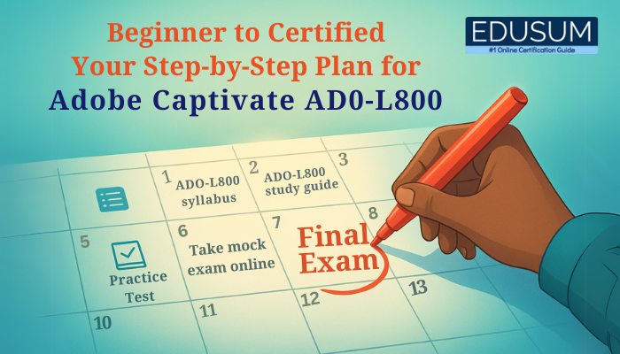 A calendar-style graphic titled “Beginner to Certified – Your Step-by-Step Plan for Adobe Captivate AD0-L800” with EDUSUM branding. Key dates note “AD0-L800 syllabus,” “study guide,” “practice test,” and “mock exam,” and a hand circles “Final Exam” in red.