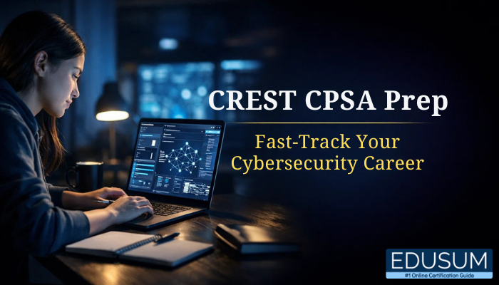 A focused young cybersecurity professional works on a laptop displaying network security dashboards in a dimly lit workspace, alongside bold text reading CREST CPSA Prep - Fast-Track Your Cybersecurity Career with an Edusum certification guide label.