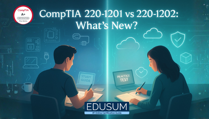 Two learners studying for CompTIA A+ 220-1201 and 220-1202 exams with study guides and practice tests."