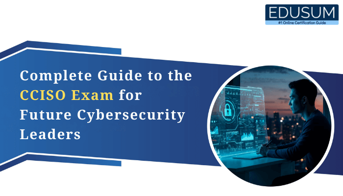 Banner showing a professional working on cybersecurity analytics with the title Complete Guide to the CCISO Exam for Future Cybersecurity Leaders.