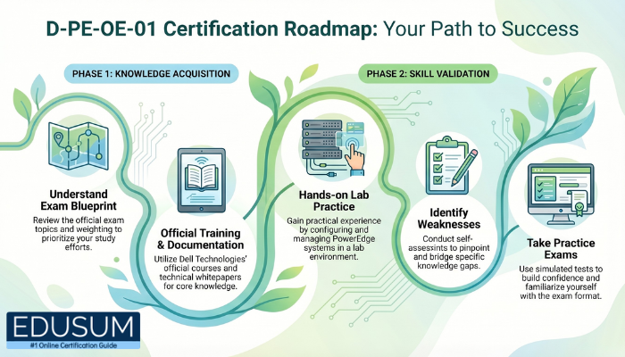 D-PE-OE-01 certification roadmap infographic showing knowledge acquisition and skill validation steps for PowerEdge Operate V2 exam success.