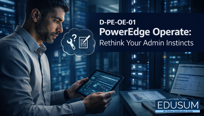 IT administrator analyzing server data on a tablet in a blue-lit data center, highlighting decision-making for D-PE-OE-01 PowerEdge Operate exam.