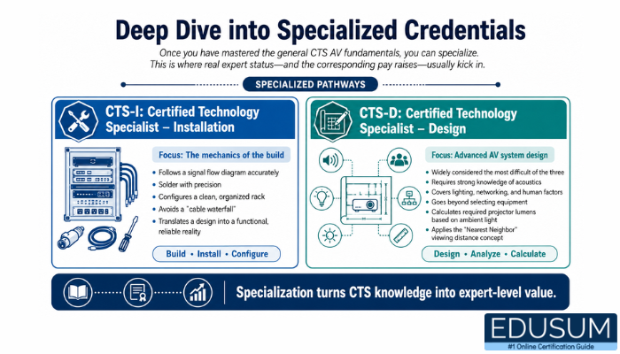 Infographic comparing CTS-I installation and CTS-D design credentials as specialized AV certification pathways.