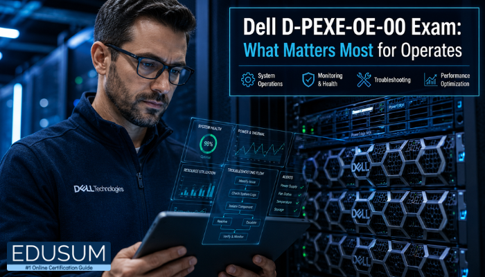 An IT professional reviews a Dell PowerEdge XE server rack in a modern data center. The image highlights the critical skills for the D-PEXE-OE-00 exam, emphasizing operational excellence.