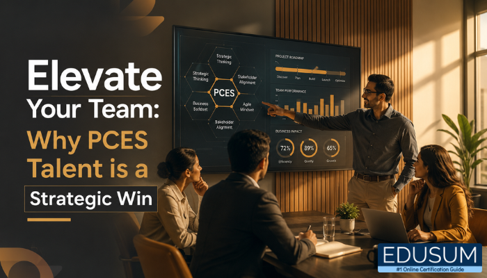 A diverse team of professionals collaborating in a bright modern office, discussing strategic plans on a large screen. This image represents the collaborative and competent environment fostered by hiring PCES-certified talent.