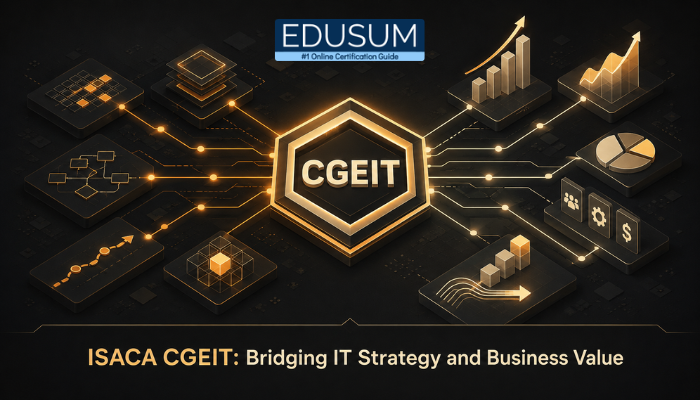 An abstract isometric illustration showing glowing nodes representing IT strategy and business value interconnected by a central CGEIT symbol, visualizing how the ISACA CGEIT bridges these concepts.