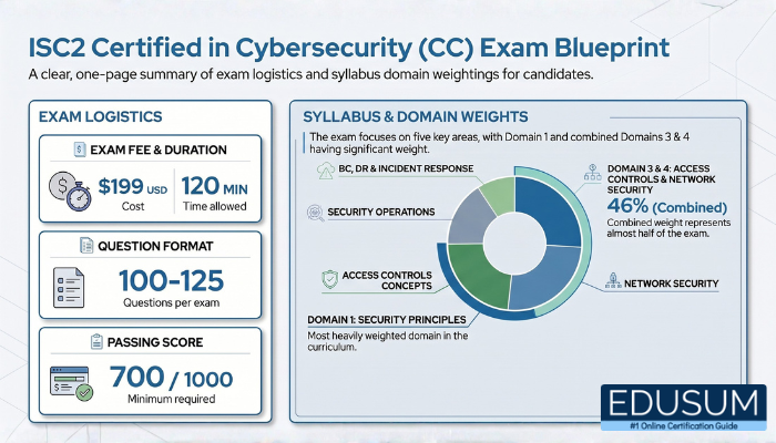 Infographic showing ISC2 CC exam blueprint with logistics, scoring, and domain weight distribution.
