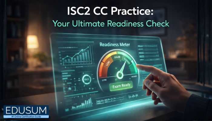 Digital dashboard displaying ISC2 CC readiness meter with a hand indicating exam preparedness.