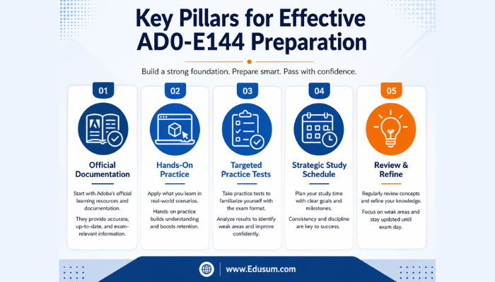 Infographic outlining key pillars for effective Adobe AD0-E144 exam preparation, including official documentation, hands-on practice, and practice tests.