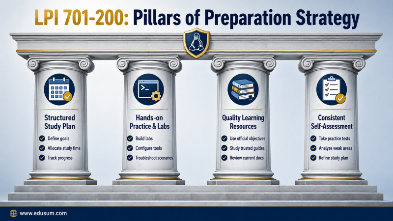 Four pillars of LPI 701-200 exam preparation covering structured study, hands-on labs, quality resources, and consistent self-assessment.
