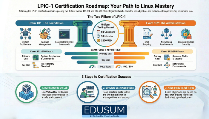 LPIC-1 certification roadmap infographic showing exam 101-500 and 102-500 structure, syllabus focus, exam format, and preparation steps.