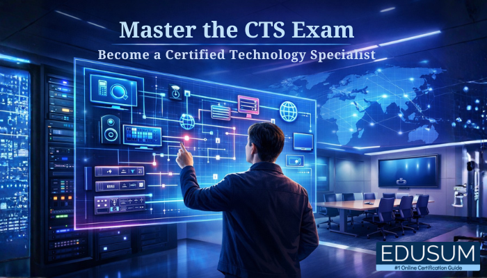 A futuristic AV control room where a professional interacts with a large transparent digital interface displaying interconnected audio, video, and networking systems. The screen shows icons, signal flow diagrams, and data connections, while server racks and a modern conference room are visible in the background. The scene conveys advanced technology and system integration. Text at the top reads “Master the CTS Exam” with the subtitle “Become a Certified Technology Specialist.