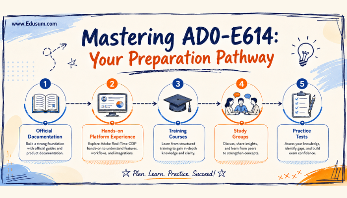 Infographic detailing a five-step preparation pathway for the AD0-E614 exam, covering official documentation, hands-on experience, training courses, study groups, and practice tests.