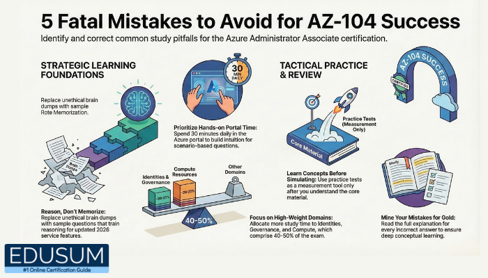 Infographic titled 5 Fatal Mistakes to Avoid for AZ-104 Success showing common study pitfalls, strategic learning tips, and practice strategies with visual icons and charts.