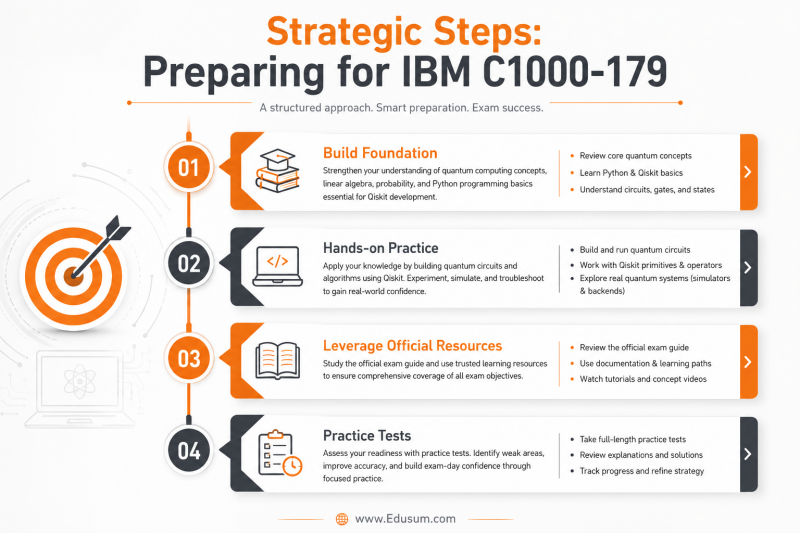 Infographic illustrating a strategic, numbered timeline for IBM C1000-179 exam preparation, including steps like building a foundation, hands-on practice, and using official resources.