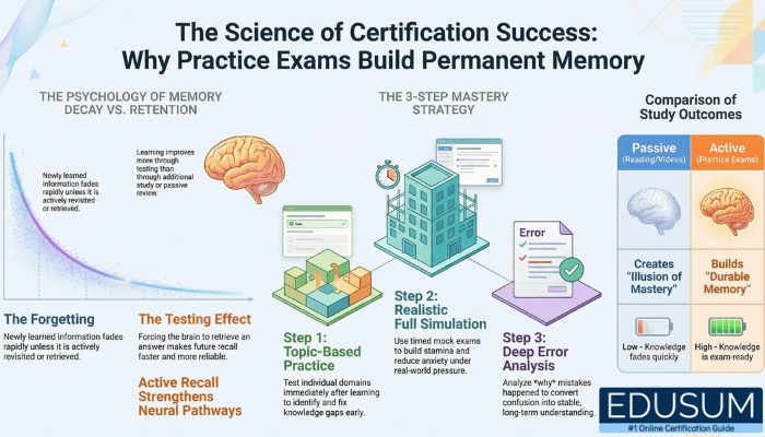 An educational infographic titled “The Science of Certification Success” illustrates how practice exams improve memory retention through concepts like the testing effect, simulation, and error analysis.