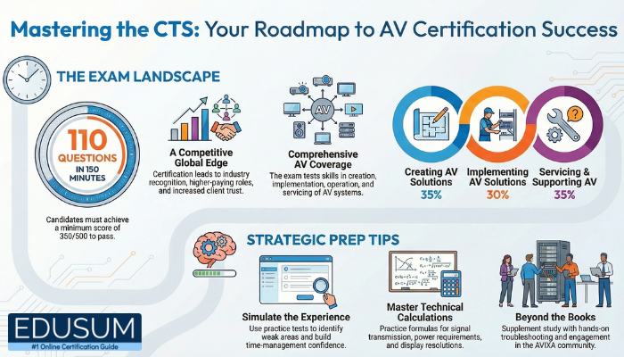 Infographic titled Mastering the CTS Your Roadmap to AV Certification Success outlining exam structure, question count, key AV domains, and strategic preparation tips with icons and percentage breakdowns.