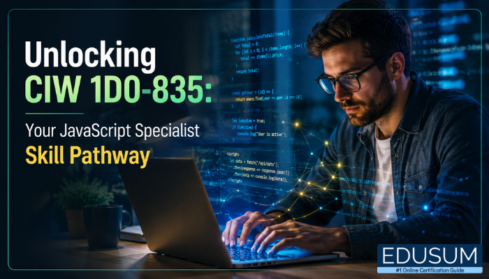 A semi-realistic digital illustration depicting a progressive pathway made of code, leading to a glowing achievement icon, symbolizing career growth with the CIW 1D0-835 certification.
