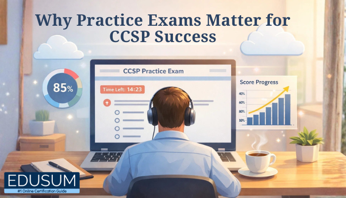 Illustration of a professional taking a CCSP practice exam on a laptop with progress charts and an 85% score indicator on a desk.