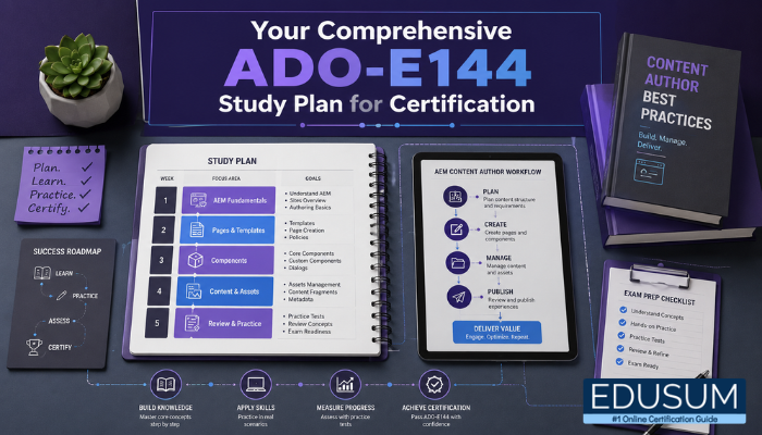 A top-down infographic shows an organized workspace with AEM study modules, a digital workflow diagram, and books, illustrating a comprehensive Adobe AD0-E144 study plan.