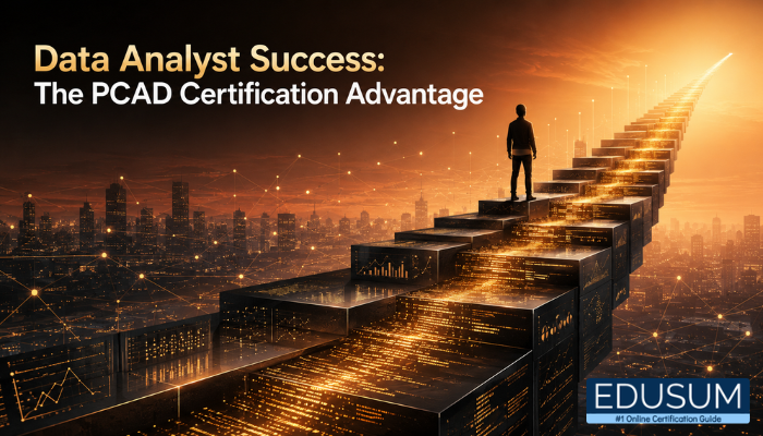 Data analyst ascending illuminated data blocks toward career opportunities through the PCAD certification advantage.