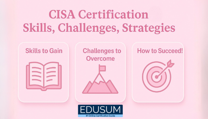 Pink pastel infographic with three panels showing CISA skills, challenges, and success tips using simple icons.
